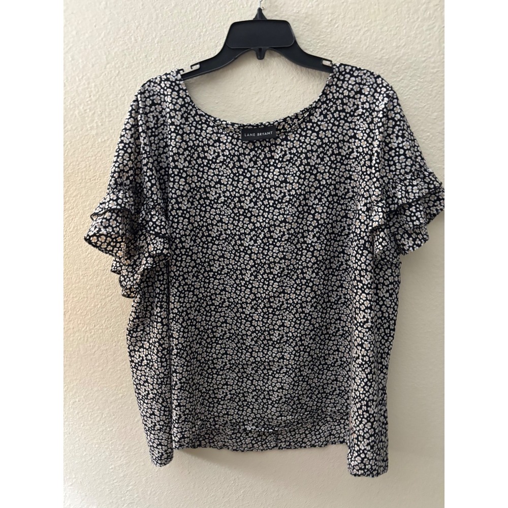 Lane Bryant Womens 24 Black White Floral Animal Print Ruffle Sleeve 
 Top A 1055
